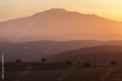 Sunrise over mount Etna - tallest active volcano in Europe. Sicily, Italy