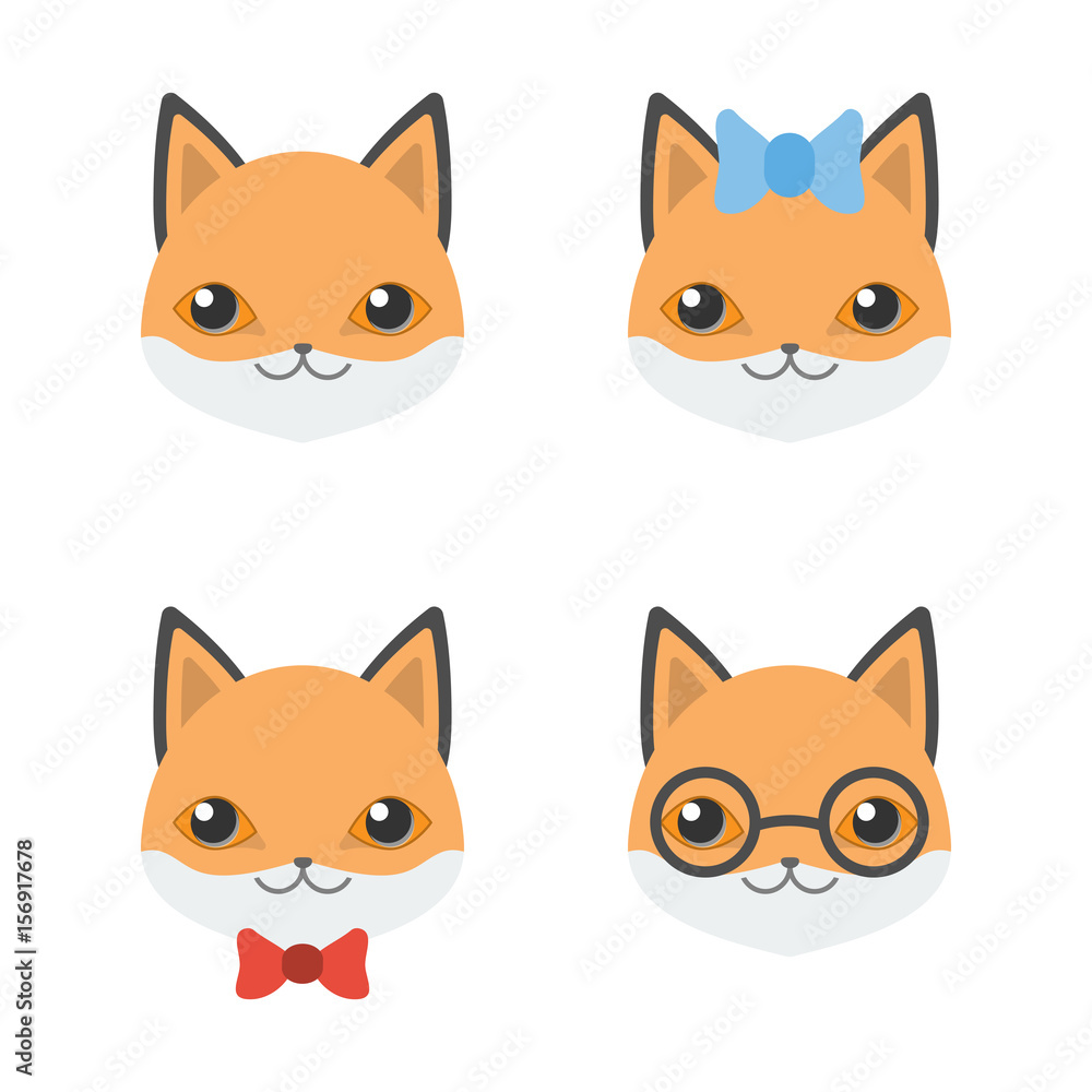 set four flat icon with muzzle fox. Little pet sticker head