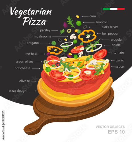 Vector  illustration of hot Vegetarian Pizza on wooden board. Falling ingredients. Traditional Italian recipe. Infographic creative design. Fastfood isolated on black and white background