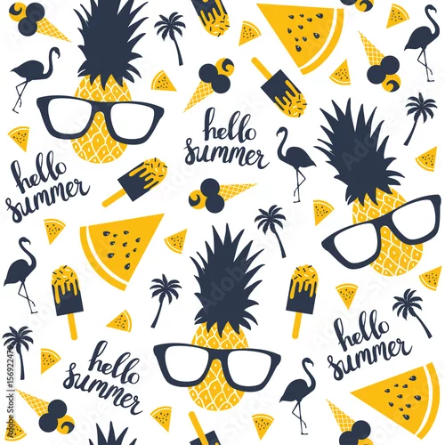 Tapety Letni wzór. Arbuz, ananas. Ilustracji wektorowych