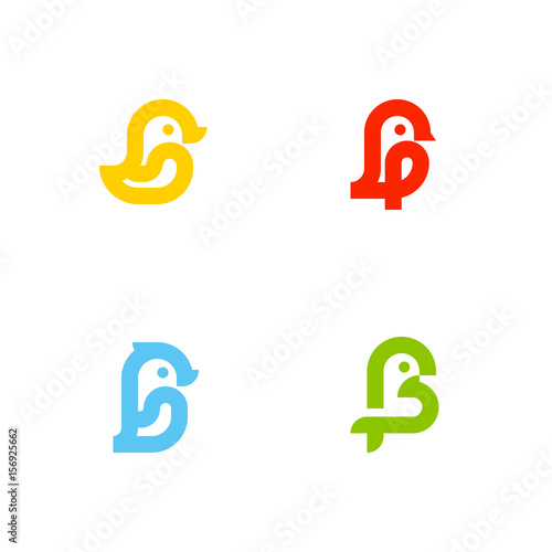 Set of icons or logo templates with little birds. Duck, sparrow, penguin and parrot isolated on a white background. Line art style