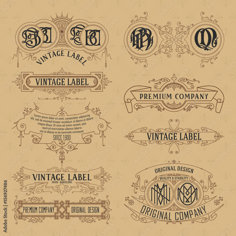 Old vintage floral elements - ribbons, monograms, stripes, lines, angles,border, frame,label, logo - vectors