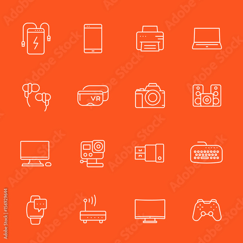 gadgets, modern devices icons set, thin linear style, action camera, portable power bank, smart watch, vr headset and others