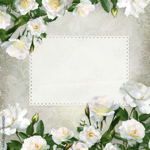 Border of white roses  card for text or photo on a beautiful vintage background
