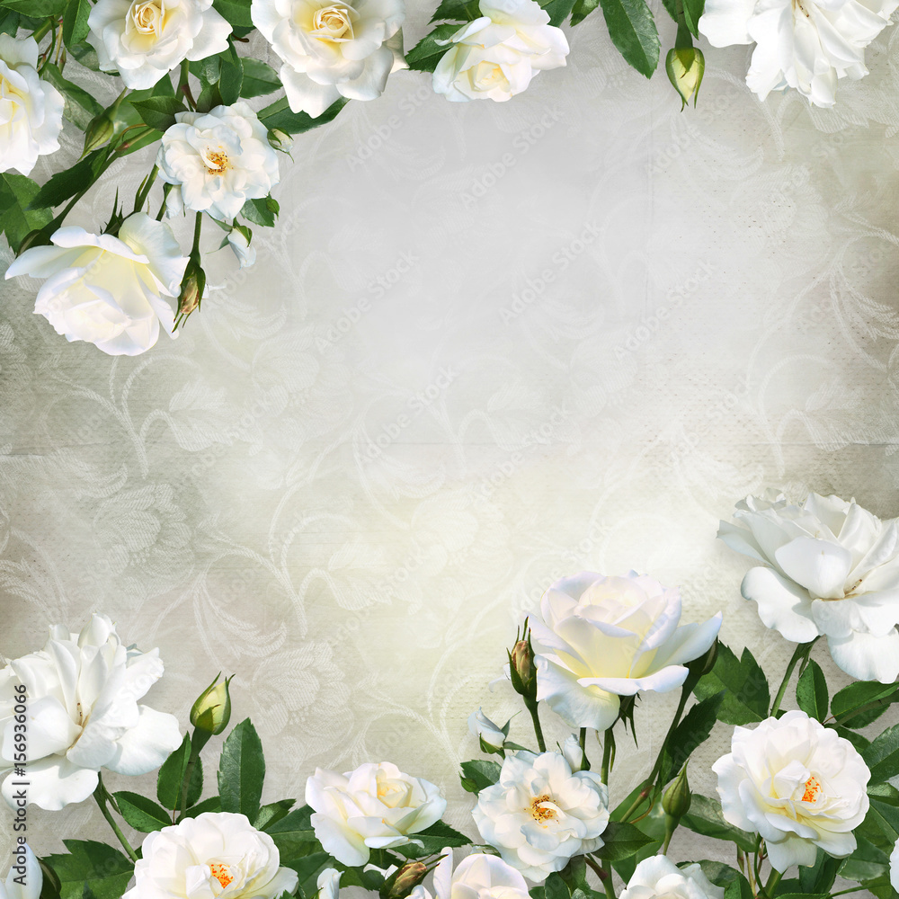 Border of white roses on a beautiful vintage background with space for text or photo