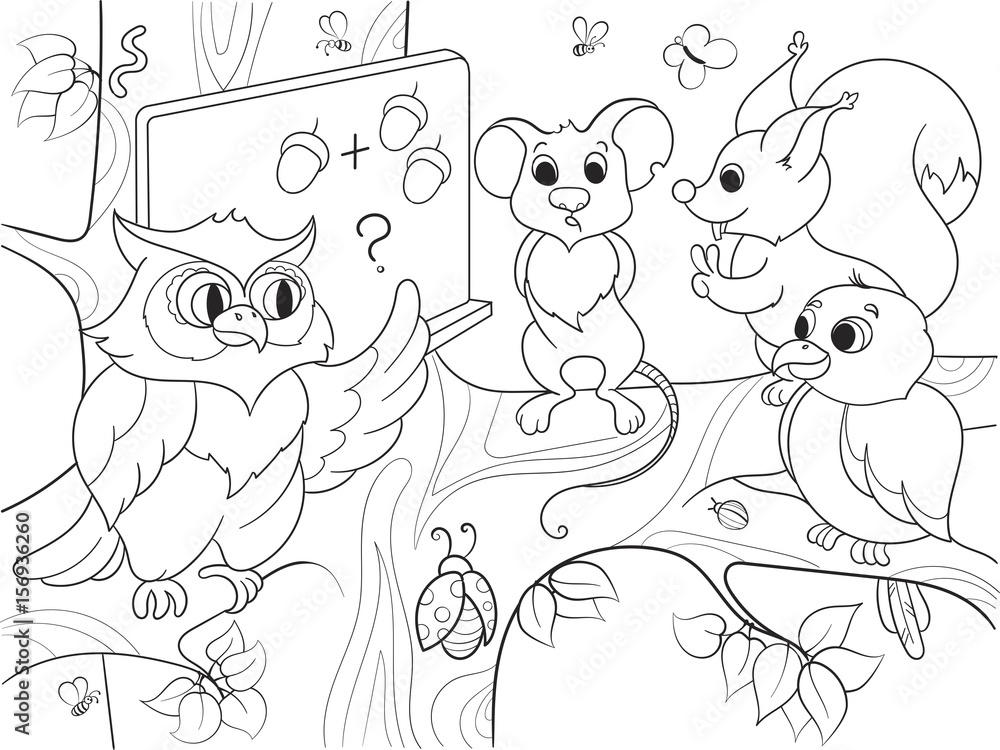 Fototapeta premium Lesson in the school of an owl in the woods coloring book for children cartoon vector illustration