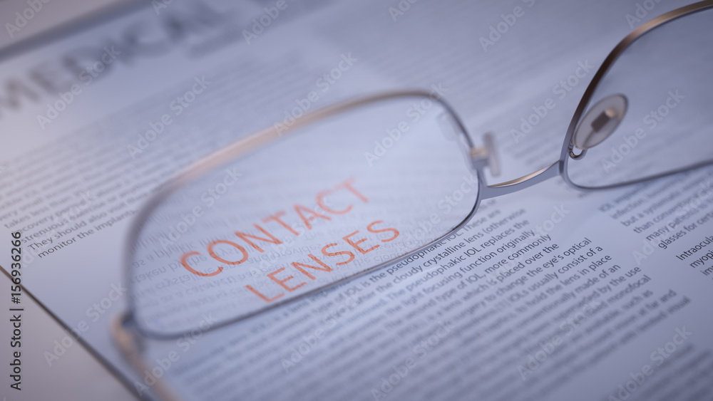 Fototapeta premium Contact Lenses Article Title Highlighted Through Eyeglasses. Vision correction Concept 3d Illustration