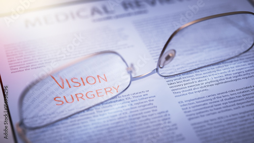 Vision Surgery Article Title Highlighted Through Eyeglasses. Corrective Surgery Concept 3d Illustration