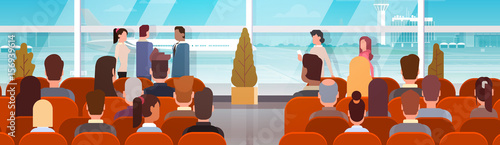 Traveler People in Airport Hall Departure Terminal Travel, Passenger Sitting in Waiting Room Flat Vector Illustration