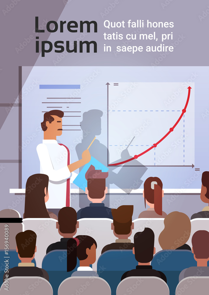 Business People Group at Conference Meeting Training Courses Flip Chart with Graph Flat Vector Illustration Business People Group at Conference Meeting Training Courses Flip Chart with Graph Flat Vector Illustration