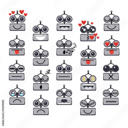 Cartoon Robot Face Smiling Cute Emotion Negative And Positive Chat Bot Icon Set Flat Vector Illustration