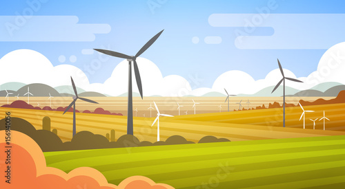 Wind Turbine Tower In Field Blue Sky Alternative Energy Source Technology Flat Vector Illustration
