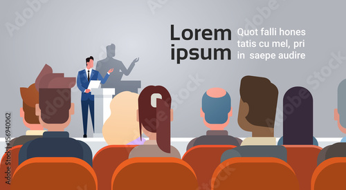 Business People Group at Conference Meeting Training Courses Speaker Standing At Tribune Flat Vector Illustration