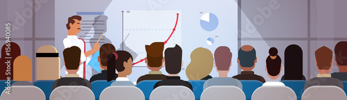 Business People Group at Conference Meeting Training Courses Flip Chart with Graph Flat Vector Illustration