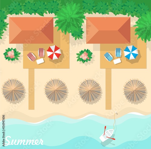 Top view on the resort, the bungalows, the beach and the sea. Summer vacation. Flat design background