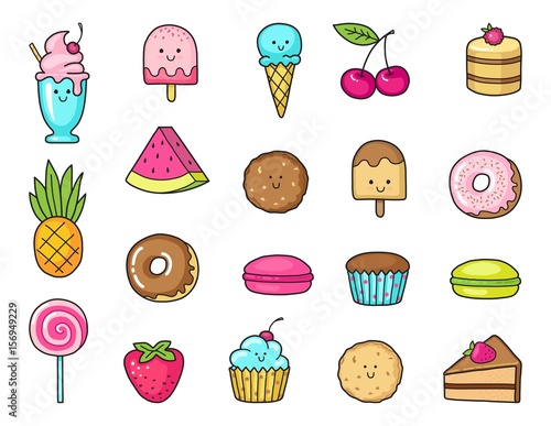 Funny icons of sweets, fruit and ice cream. Donuts, cupcakes, cakes and cookies