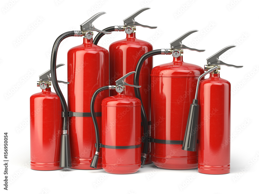 Fire extinguishers isolated on white background. Various types of extinguishers.