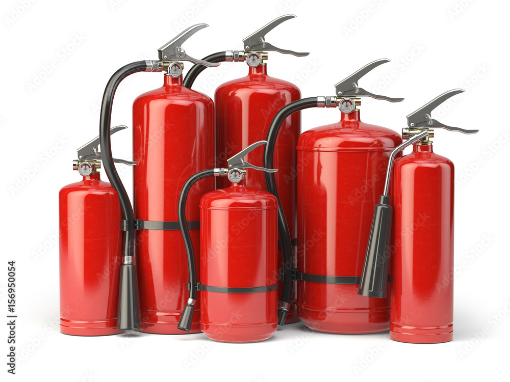 Obraz premium Fire extinguishers isolated on white background. Various types of extinguishers.