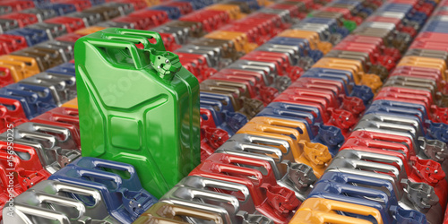 Canvas Print Green jerrycan against the background of many others cans