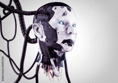 The head of a cyborg with wires on a gray background. photo