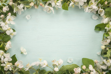 Spring flowers frame on wooden background 
