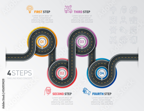 Navigation map infographic 4 steps timeline concept. Winding roa