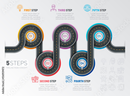 Navigation map infographic 5 steps timeline concept. Winding roa