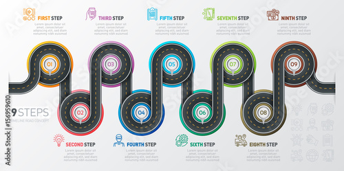 Navigation map infographic 9 steps timeline concept. Winding roa