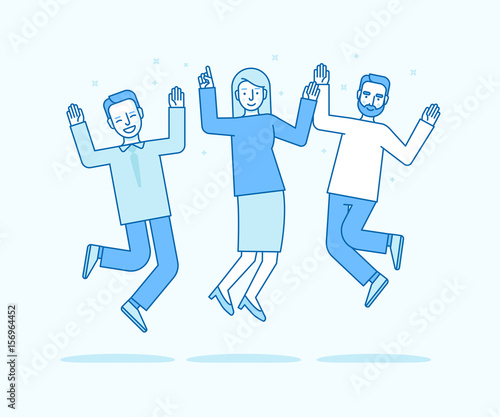 Vector illustration in flat linear style and blue colors - happy jumping team