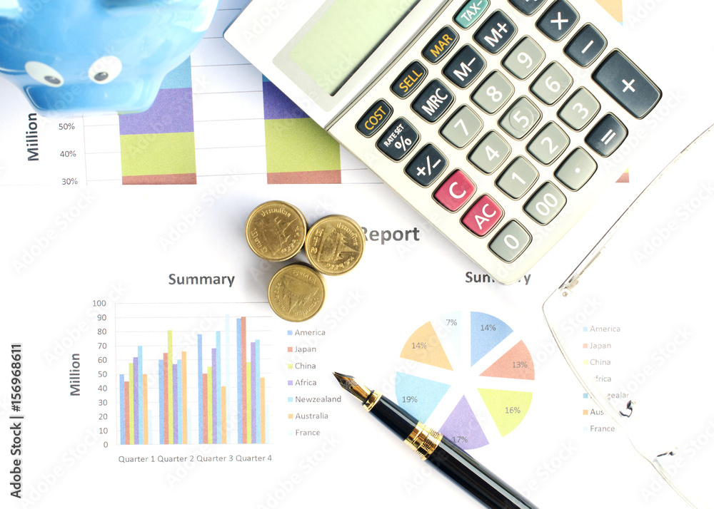 Financial concept with money coins and business fountain pen and calculator and eyeglasses with document chart on desk office backgrounds above Financial concept with money coins and business fountain pen and calculator and eyeglasses with document chart on desk office backgrounds above
