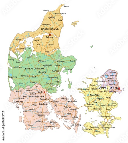 Denmark - Highly detailed editable political map with labeling.