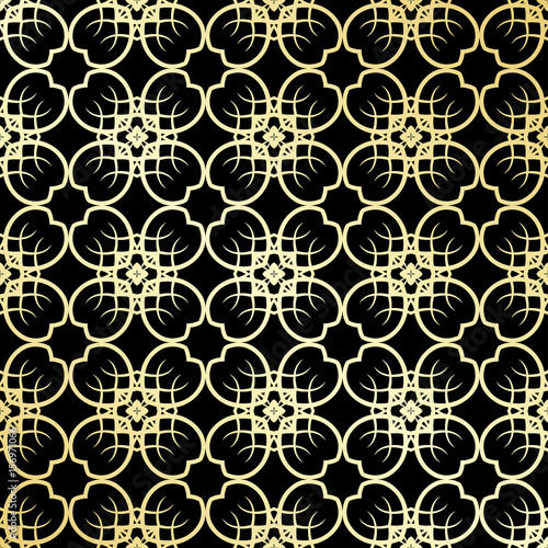 Ornamental wallpaper, vector luxury background. Vintage floral pattern on black with golden gradient.