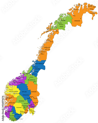 Colorful Norway political map with clearly labeled, separated layers. Vector illustration.