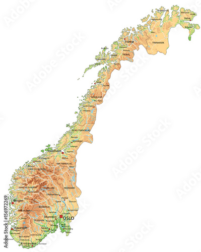 Photo High detailed Norway physical map with labeling.