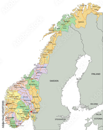 Norway - Highly detailed editable political map with labeling.