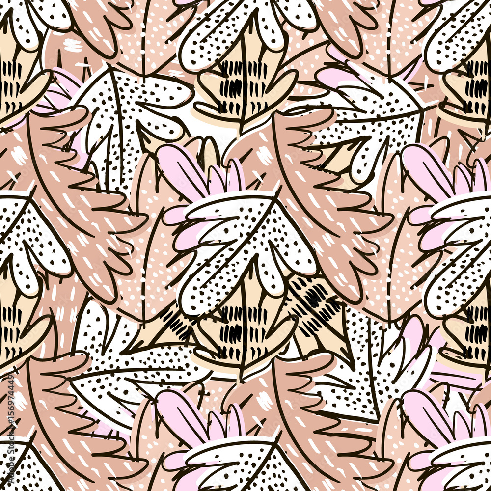 Seamless hand drawn floral leaf pattern with hand drawn shapes. Great for fabric and textile. Vector Illustration