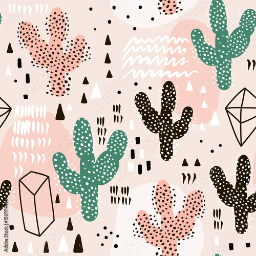 Seamless pattern with cactuses,geometric shapes and hand drawn textures.Perfect for fabric,textile.Vector background