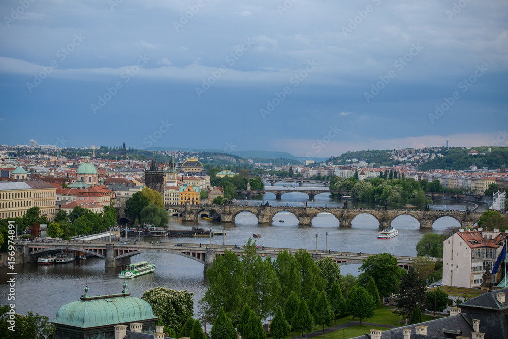Beautiful View of Prague Bridges on River