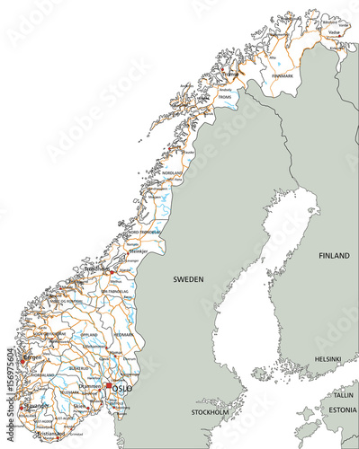High detailed Norway road map with labeling.