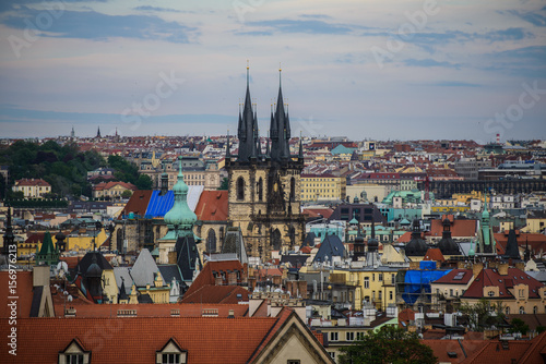 Panorama of Prague with Red Roofs from Above Summer Day at Dusk, View from the height