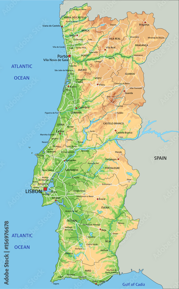 Photo & Art Print High detailed Portugal physical map with labeling.