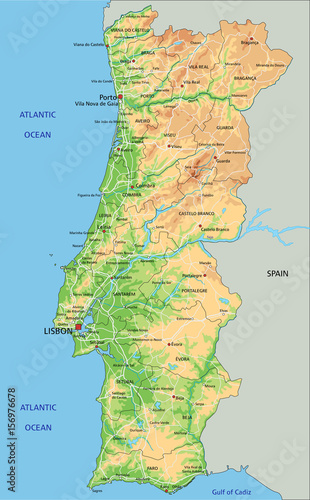 Photo High detailed Portugal physical map with labeling.