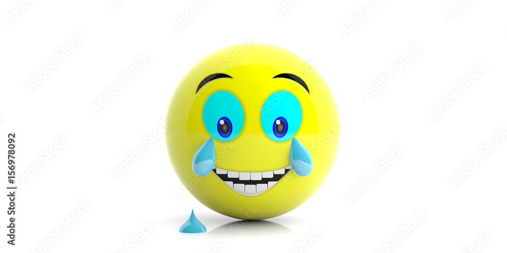 Fototapeta premium Yellow emoji with big smile and tears on white background. 3d illustration