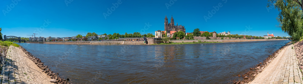 Panoramic view of Elbe, cathedral and old town in Magdeburg