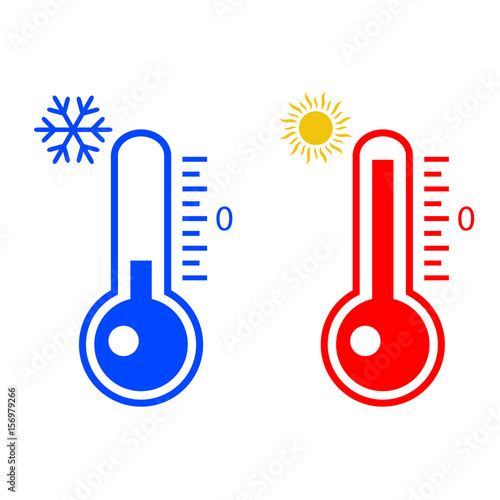Thermometer measuring heat and cold, with sun and snowflake icons