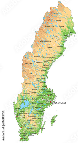 Fotografia, Obraz High detailed Sweden physical map with labeling.