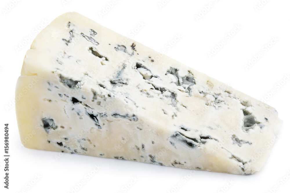 Slice of soft blue cheese with mold isolated on white background