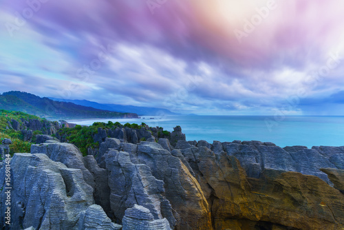 Beautiful Pancake Rocks and Blowholes are located in Paparoa National Park , Punakaiki , South Island of New Zealand