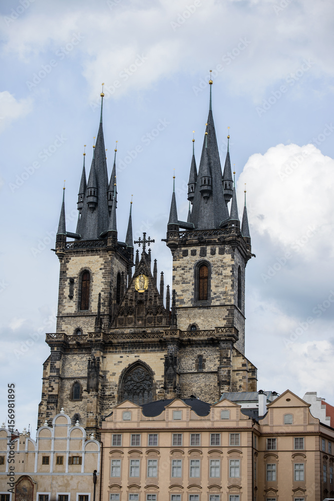 The square of the Old Town and the Gothic towers of the Church of Our Lady. Area of the Old Town Prague ,Czech Republic