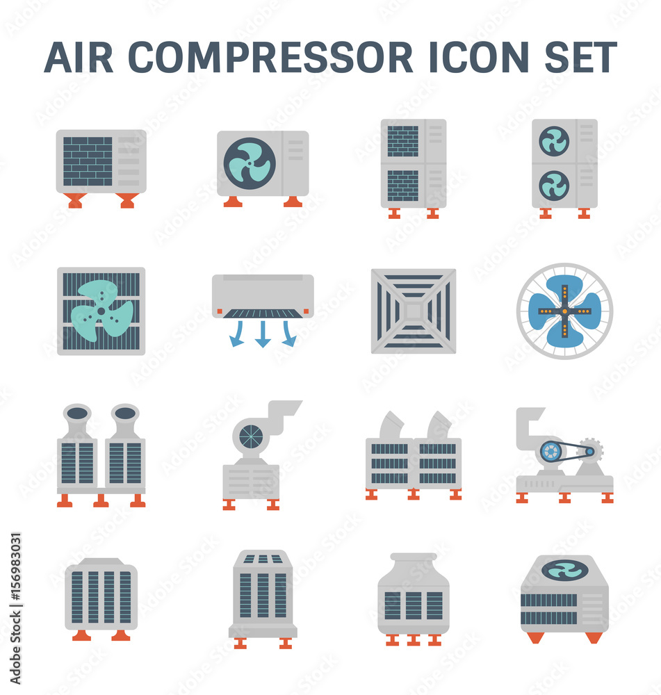Air conditioner icon i.e. air compressor, condenser unit, ventilation, duct, cooling tower and chiller. That is a part of HVAC system to remove heat and moisture, temperature and humidity control. - obrazy, fototapety, plakaty 